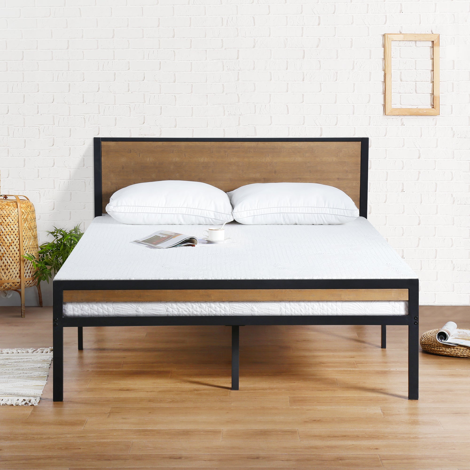 14 Inch Metal Platform Bed with Bamboo Headboard and Footboard