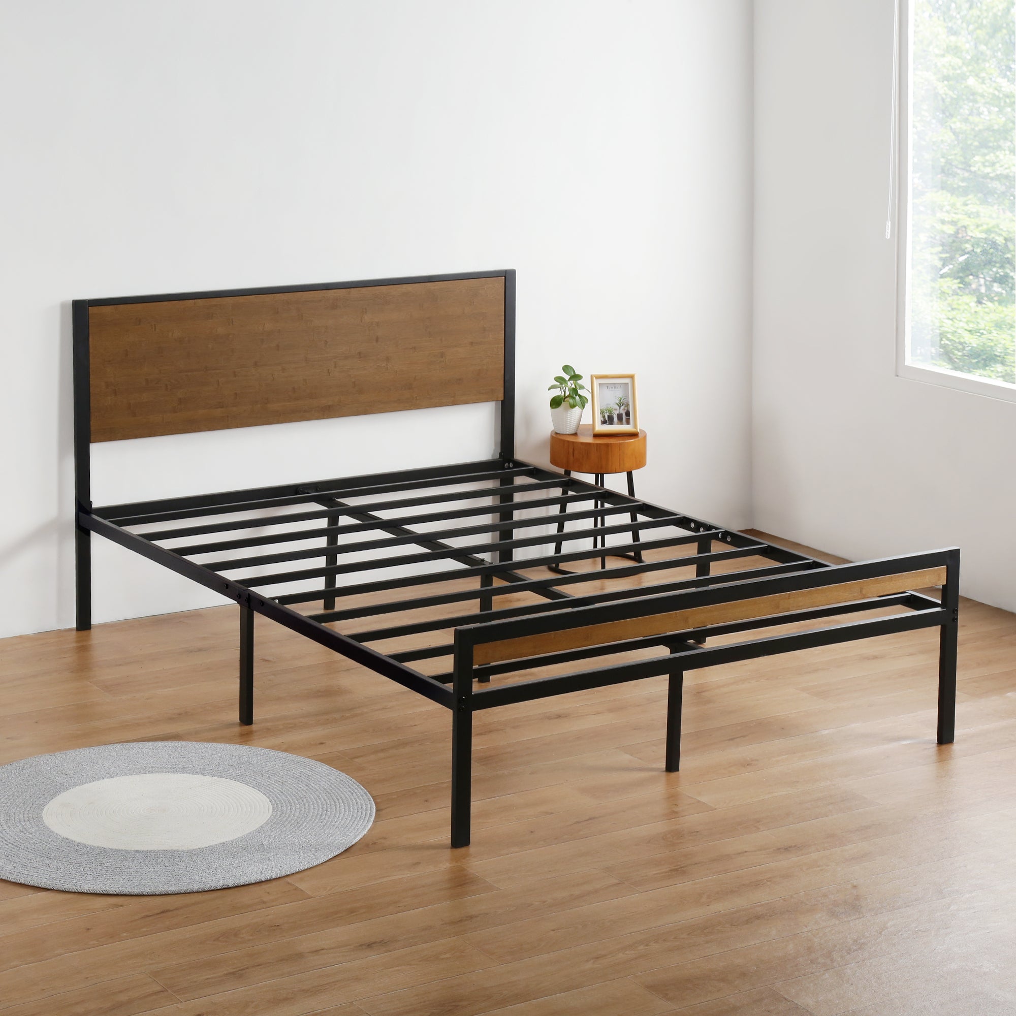 14 Inch Metal Platform Bed with Bamboo Headboard and Footboard
